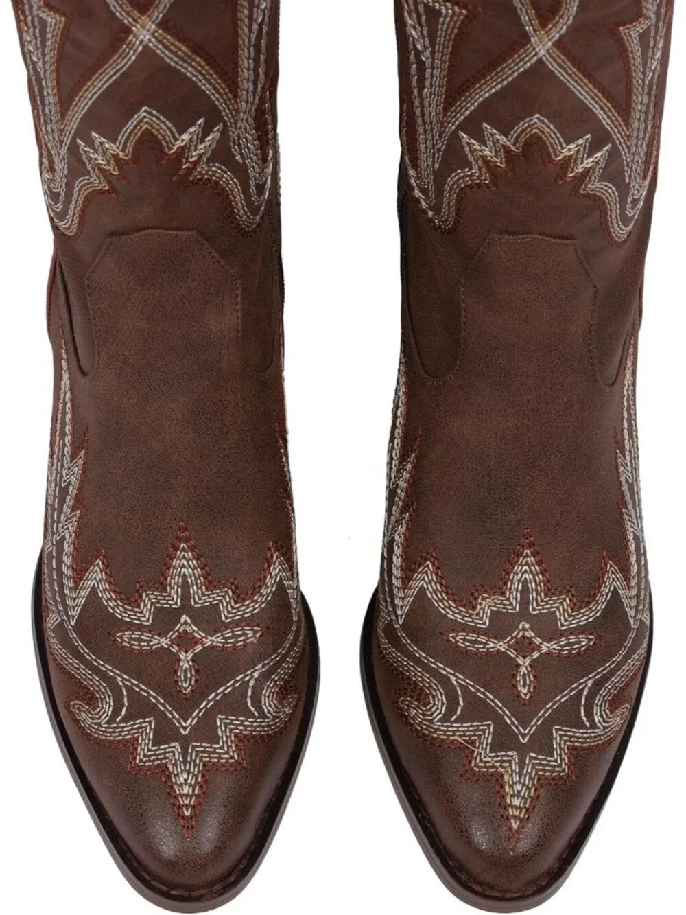 Women's Brown High Thigh Embroidered Western Pointed Toe Chunky High Heel Boots